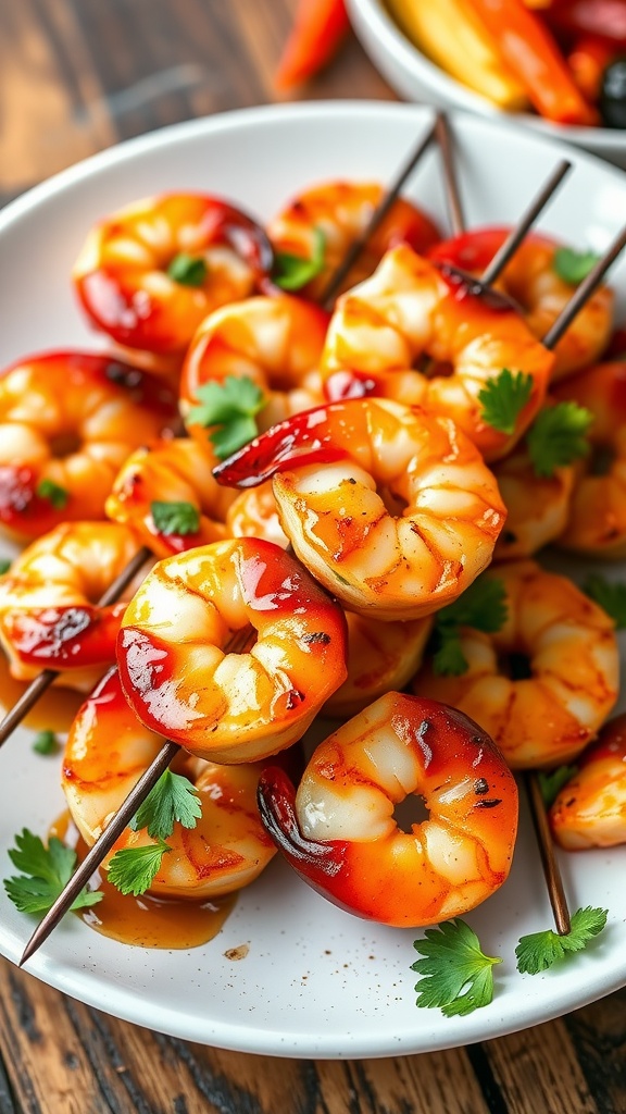 Honey garlic shrimp skewers on a wooden table, garnished with parsley and accompanied by grilled vegetables.